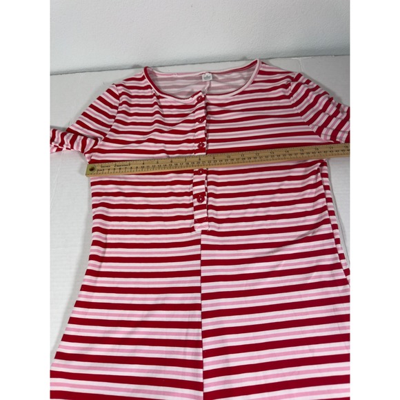 Womens Pajama Romper Long Sleeve Striped Red Pink Button Up Sleepwear Size M - Picture 5 of 7